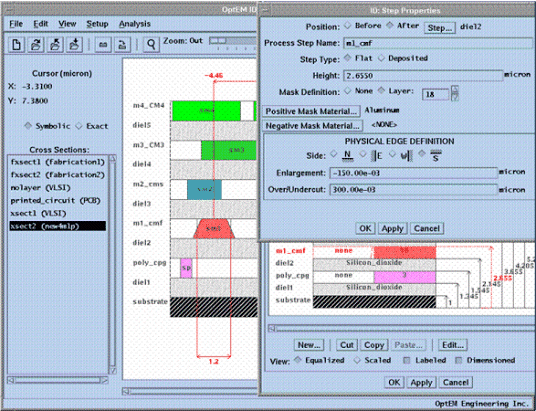 OptEM Interconnect Designer software showing cross section layers and step properties